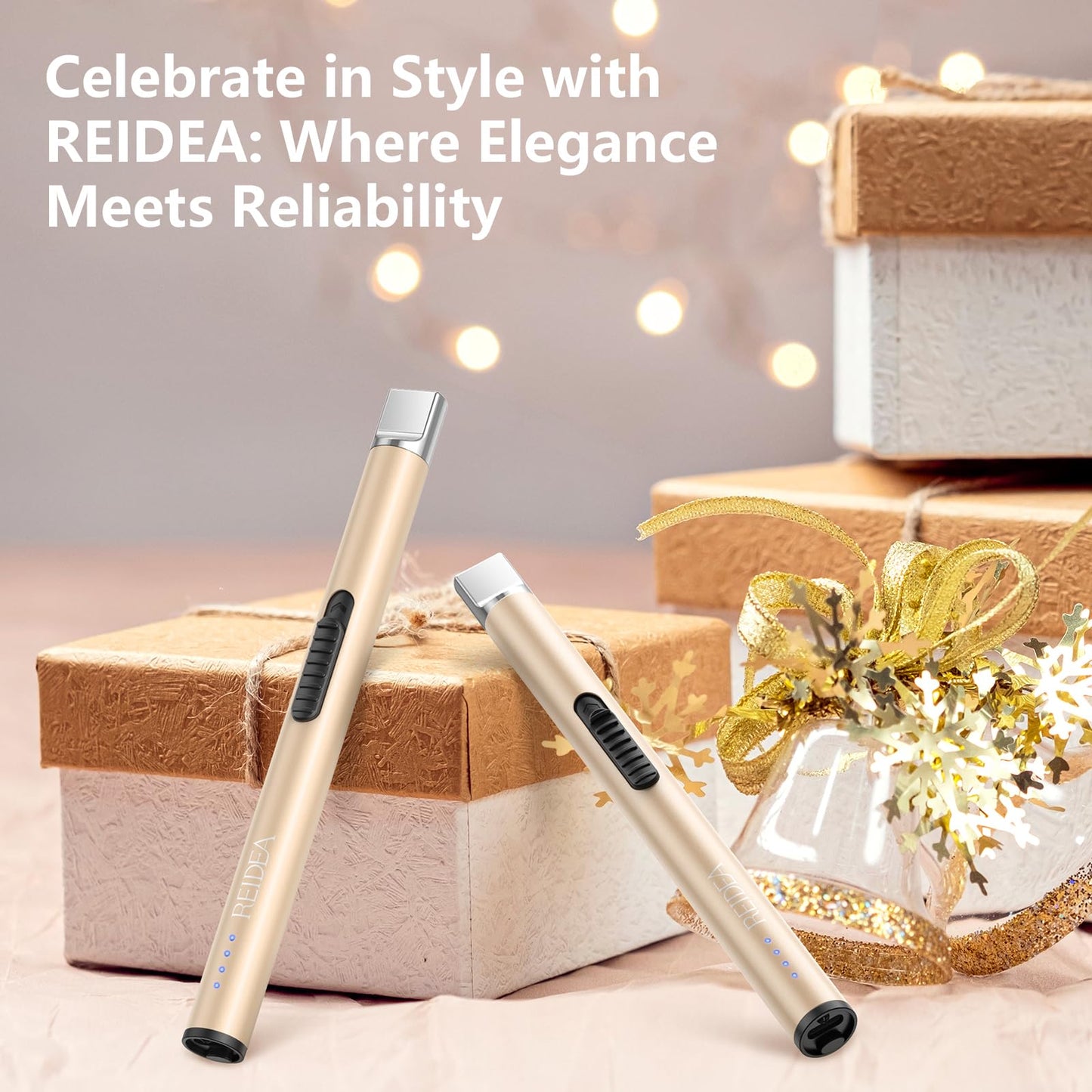 REIDEA Lighter Electric for Candle S4 Pro USB Rechargeable Safety Lock with LED Battery Indicator Flameless Windproof Arc Plasma Lighter for Candle, Fireworks (Champagne Gold)
