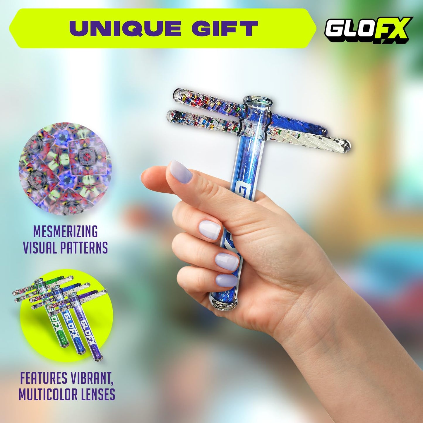 GloFX 7.5-inch Blue Liquid X Kaleidoscope Tube - Colorful Kaleidoscopes for Adults, Flow Toys Rave Glitter Wands - Sensory Glitter Wands and Rave Toys