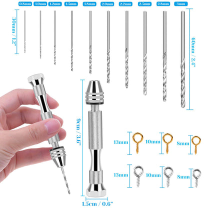 Pin Vise for Resin Casting Molds, Shynek Hand Drill for Jewelry Making Resin Tools Includes 1Pcs Push Hand Drill 10Pcs Drill Bits 480Pcs Eye Screws for DIY Keychain (Gold+Silver)
