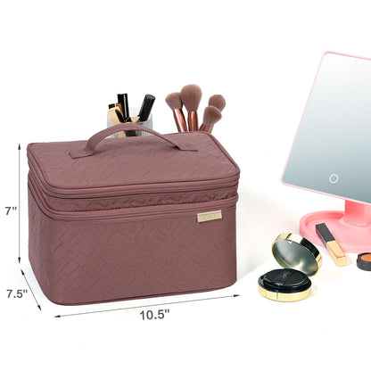 NISHEL Large Double Layer Travel Makeup Bag Women, Large Cosmetic Case, Organizer for Travel-Size Accessories Bottles, Brushes, Conditioner, and Skin Care Products, Rose-wood Pink