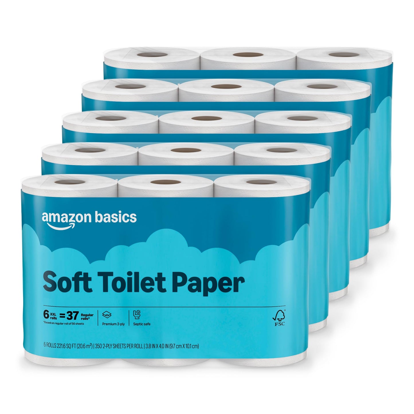 Amazon Basics 2-Ply Soft Toilet Paper, 30 Rolls (5 Packs of 6), Equivalent to 185 Regular Rolls, Packaging May Vary