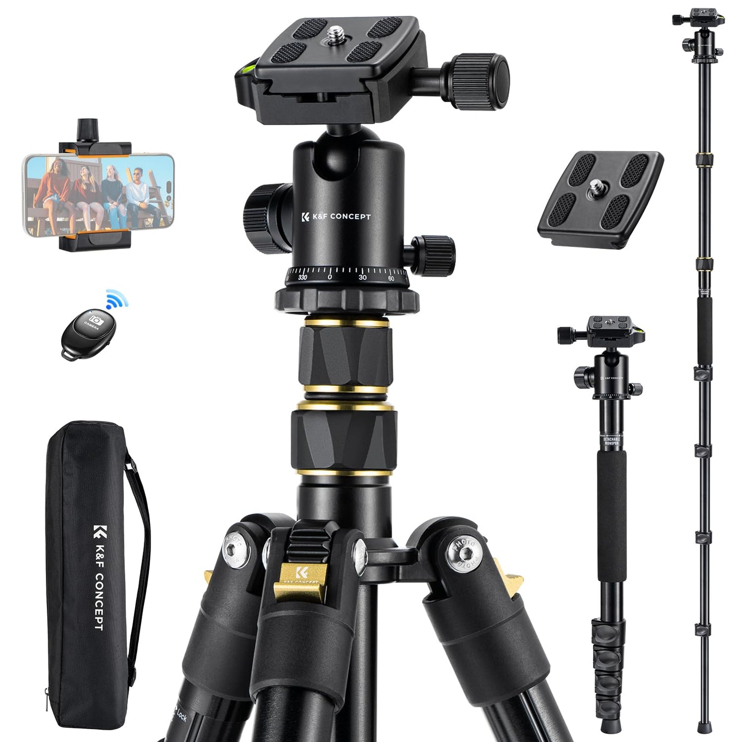 K&F Concept Camera Tripod，72" Aluminum Tripod for Camera, Lightweight and Foldable Travel Tripod with Remote& Extra Quick Release Plate, Professional Camera Tripod Monopod for DSLR Camera and Phone.