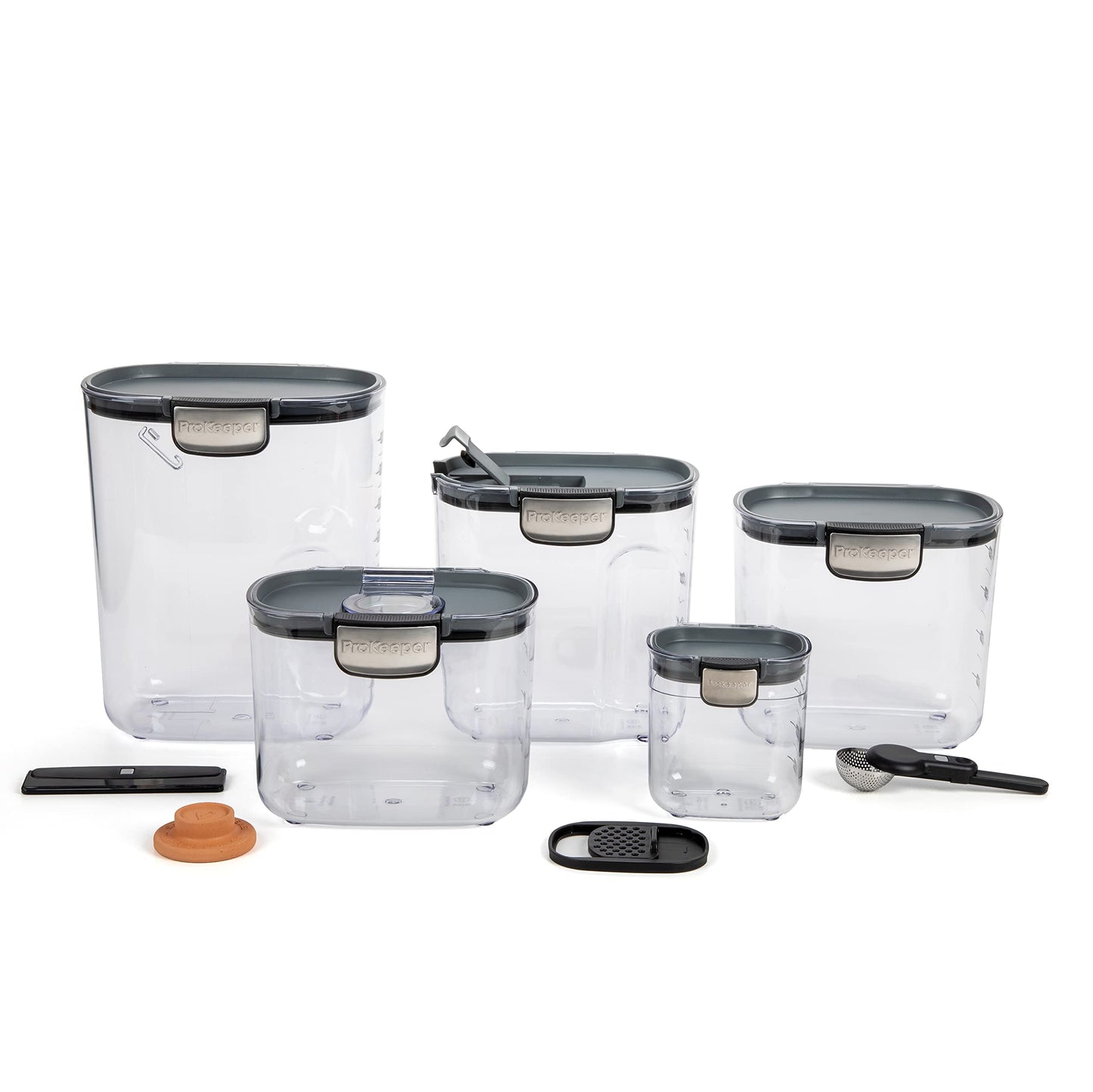 ProKeeper+ 9-Piece Airtight Food Storage Container Set – Clear Plastic Flour and Sugar Canister Set with Magnetic Accessories for Kitchen Organization (Grey, 9-Piece)