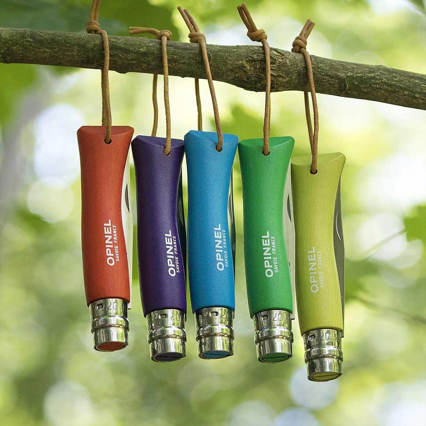 Opinel Colorama No.07 Folding Pocket Knife, Painted Wood Handles, Leather Lanyard (Anise)