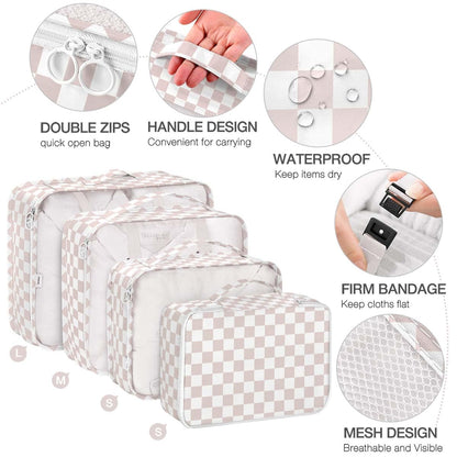 8 Set Packing Cubes for Suitcases, Packing Cubes with Shoe, Cosmetics, Clothing, Accessories Bags for Travel Luggage Organizer Women Men(Light Pink Checkered)