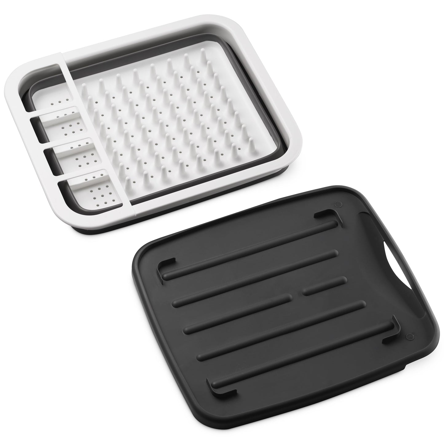 Masirs Pop-Up Collapsible Dish Drying Rack: Convenient Storage, Drains into Sink, Eight Large Plate Capacity, Sectional Cutlery and Utensil Compartment. Compact and Portable Design.