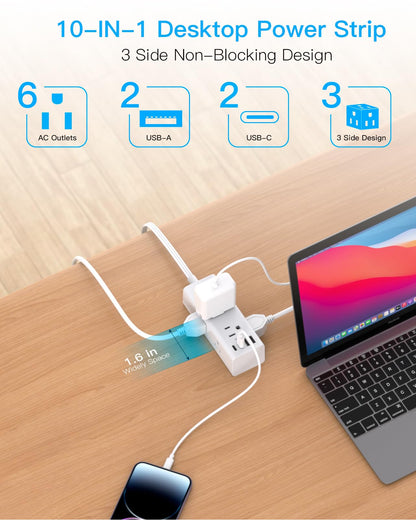 One Beat 10Ft Extension Cord with Multiple Outlets,Flat Plug Power Strip Surge Protector with 10 Ft Long Cord,6 Outlet 4 USB Ports (2USB C),Multi Outlet Wall Plug for Travel,College,Dorm Essentials