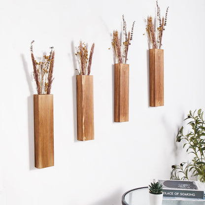 Mokof 4-Pack Wood Wall Planters for Fake Plants and Dried Flowers Stems, 12" Slim Modern Wooden Vases Wall Decor for Living Room, Bedroom, Bathroom, Apartment