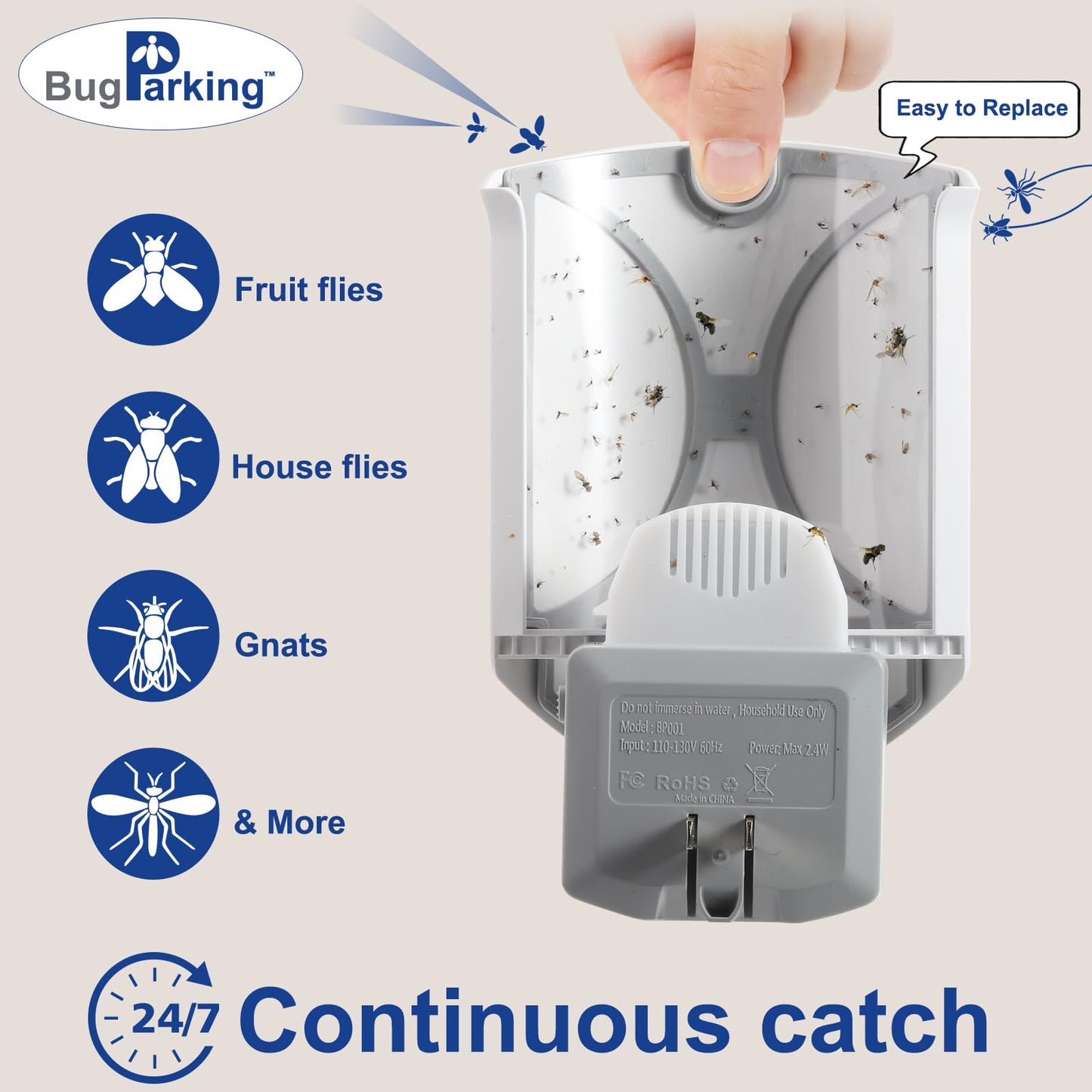 Flying Insect Trap for Indoors: Light Trap Captures Fruit Flies, Gnats, and Houseflies, BUG PARKING 1 Device and 3 Refills Silent Bug Catcher with UV Light for Indoor-Plants, Kitchen
