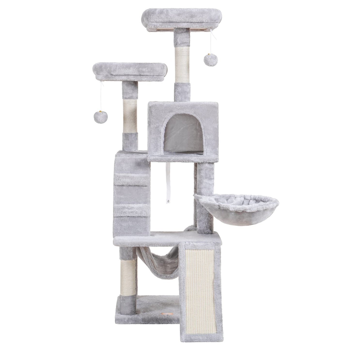 Heybly Cat Tree, Cat Tower for Indoor Cats, Multi-Level Cat Furniture Condo for Cats with Padded Plush Perch, Cozy Basket and Scratching Board, Light Gray HCT014W