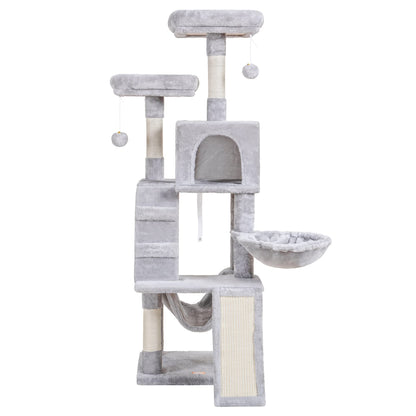 Heybly Cat Tree, Cat Tower for Indoor Cats, Multi-Level Cat Furniture Condo for Cats with Padded Plush Perch, Cozy Basket and Scratching Board, Light Gray HCT014W