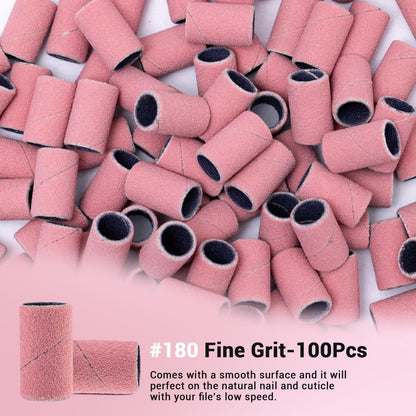 MelodySusie 100 Pcs Nail Drill Bits Sanding Bands for Nail Drill 180 Fine Grit Nail File Sanding Bands for Acrylic Nails Gel Manicures and Pedicure