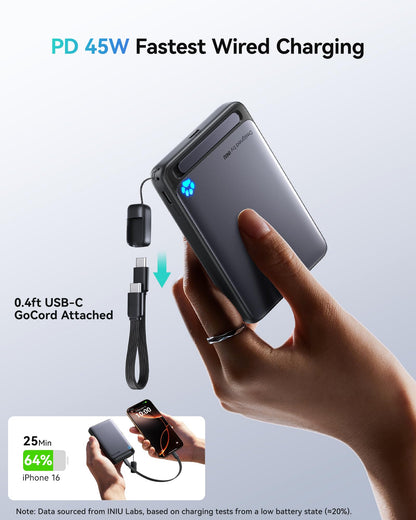 INIU for MagSafe Portable Charger, Qi2 Certified, Slimmest 45W 10000mAh Magnetic Power Bank, with USB C Cable & Stand, Fast Charging MagSafe Compatible Battery Pack for iPhone 16 15 14 13 12 Only