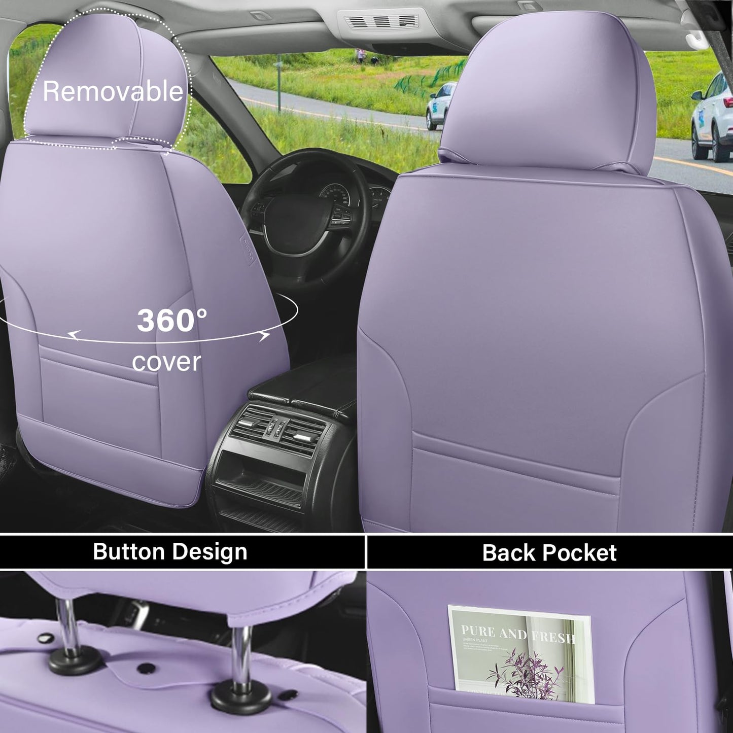 Coverado Car Seat Covers Full Set, Seat Covers for Cars, Car Seat Covers Front Seats and Back Car Seat Protector Waterproof, Leather Car Seat Cushion Universal Fit for Most Cars Purple