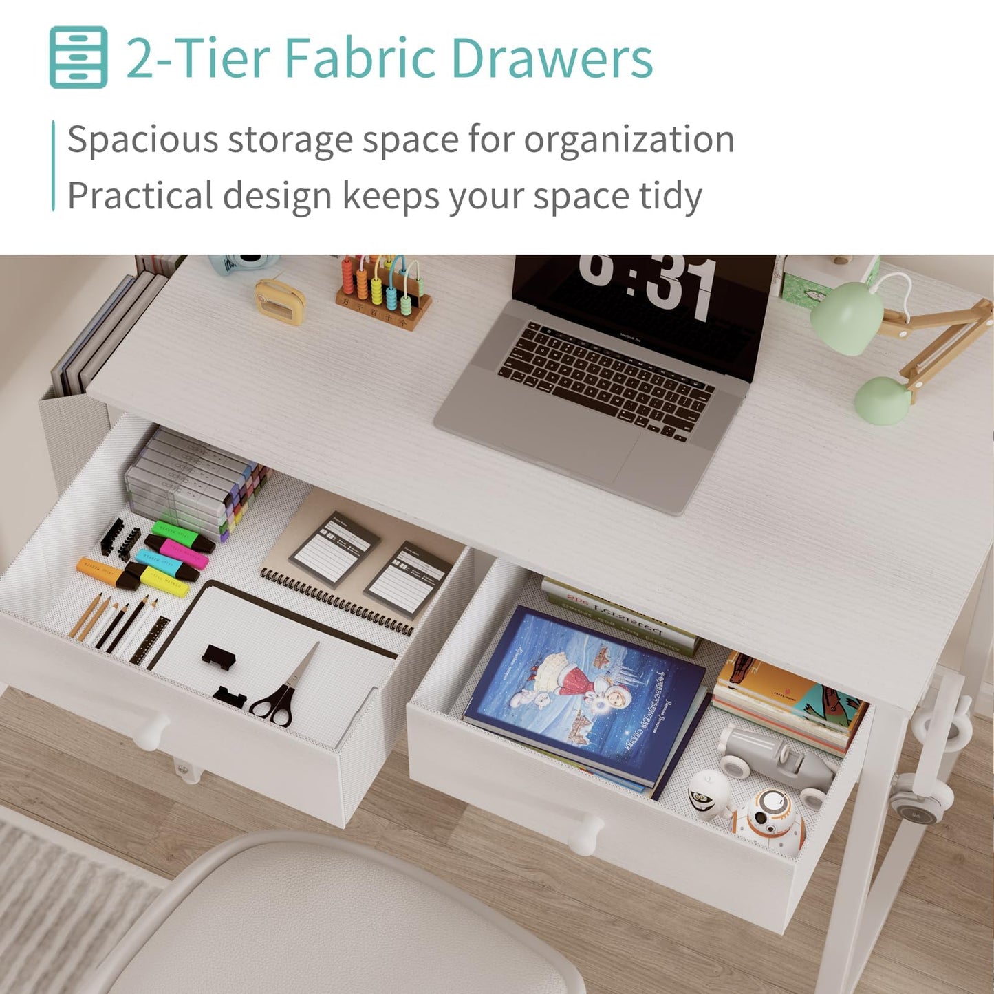 Lufeiya Small White Desk with Drawers - for Bedroom, 32 Inch Home Office Computer Desk with Fabric Storage Drawer and Bag, Study Writing Table for Small Spaces, White