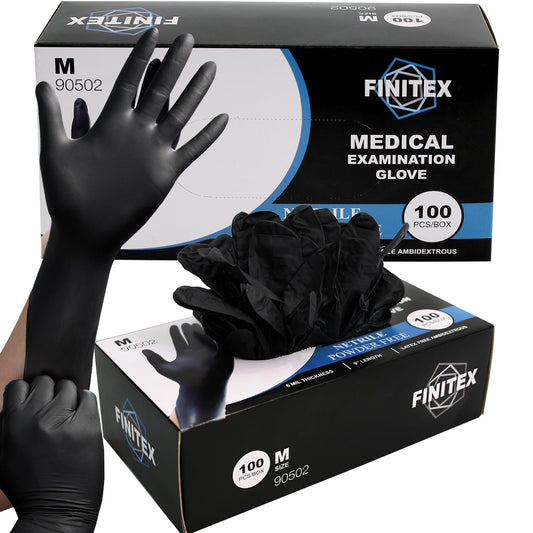 FINITEX Black Nitrile Disposable Medical Exam Gloves - Box of 100 PCS 6mil Powder-Free Latex-Free For Examination Home Cleaning Food Glove (Medium)