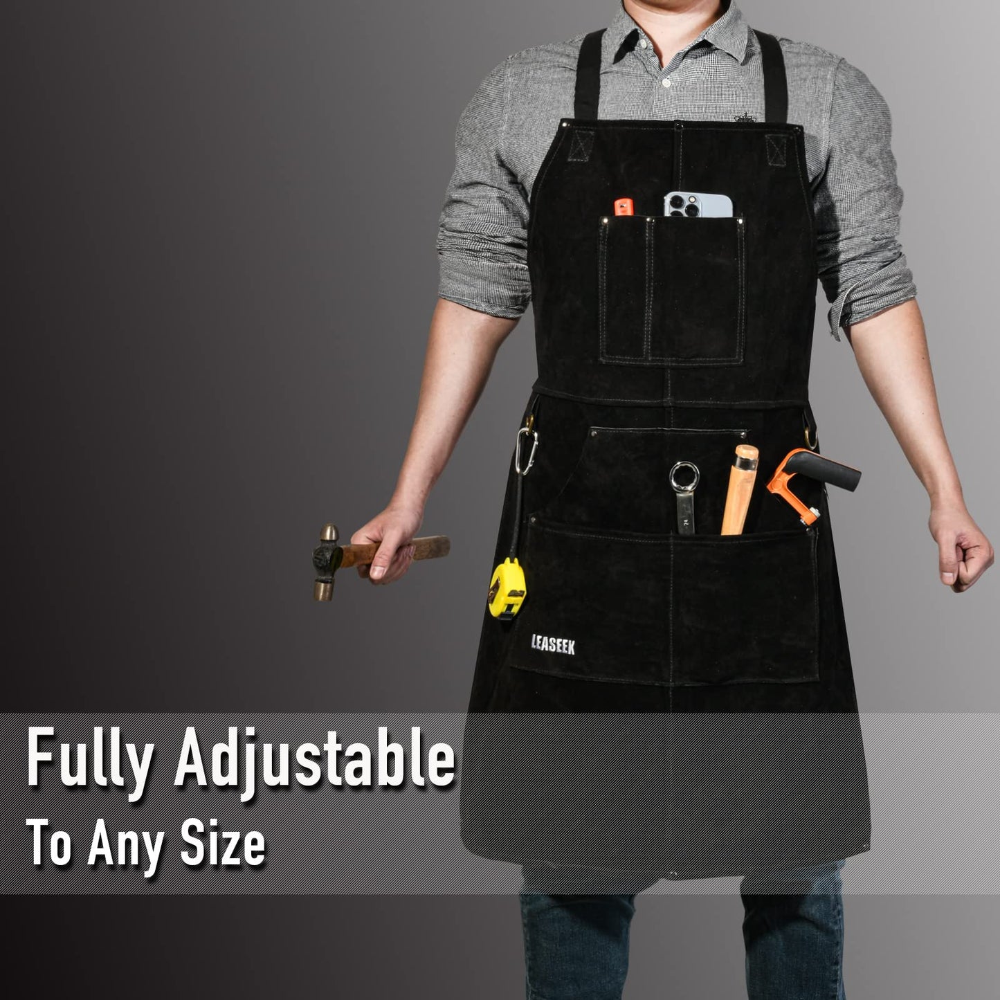 Leather Work Apron with Gloves - 6 Tool Pockets for Men& Women - Welding Apron - Ideal for Woodworking, Blacksmithing, Gardeners, Mechanics, BBQ - Adjustable M to XXXL