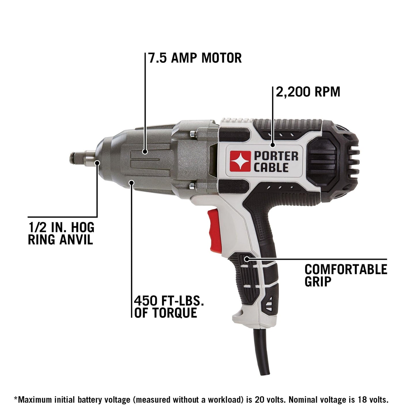 PORTER-CABLE Impact Wrench, 450 lbs of Torque, 1/2 Inch Hog Ring, 7.5-Amp, Corded (PCE211)