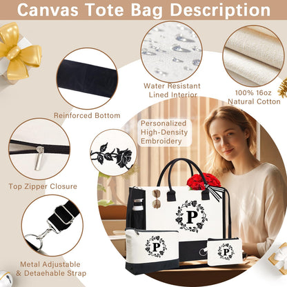 Adoryoung Monogram Personalized Initial Canvas Tote Bags for Women, Double-sided Embroidery Tote Beach Bags Gifts for Women (P)