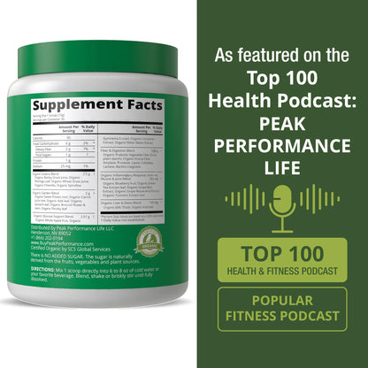 Peak Performance Unsweetened Organic Greens Superfood Powder. Super Greens Powder with 25+ Organic Ingredients for Max Energy and Athletic Performance. Vegan Keto Green Juice Daily Drink