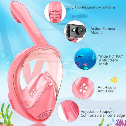 Kids Snorkel Mask Full Face, Snorkeling Gear for Kids 2-14 with Camera Mount, 180 Degree Panoramic View Snorkeling Set Anti-Fog Anti-Leak (Blue Pink)