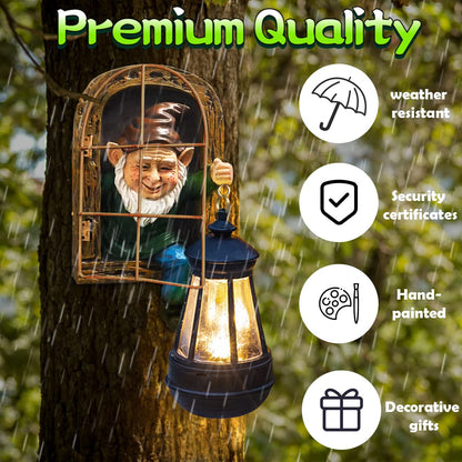 REYISO Whimsical Fairy Garden Gnomes with Solar Lights-10 Elf Out The Door Tree Hugger Garden Statues-Outdoor&Yard Decor-Tree Face Sculpture,Ideal Gnomes Gifts - Yard Art for Patio,Fence,Wall