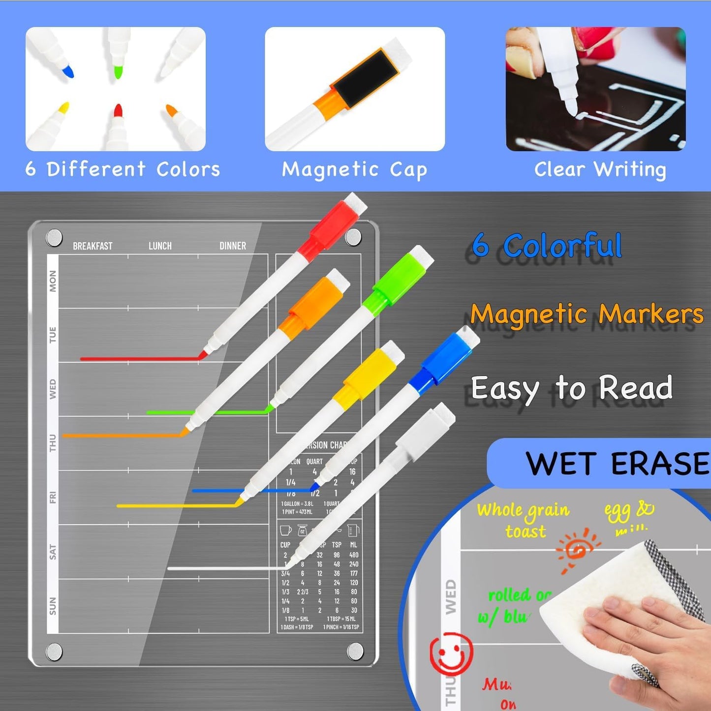 3-in-1 Magnetic Acrylic Meal Planner for Fridge - Clear Weekly Dry Erase Menu Board, Breakfast Lunch Dinner Daily Planner, Healthy Diet Organizer for Kids Teens Family, w/ 6 Markers, 9.5"x12"