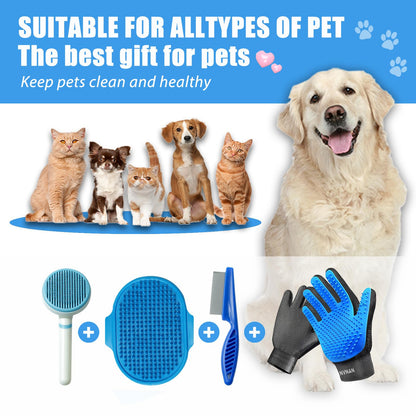 NVNAN 4Piece Dog Grooming Brush Set with Grooming Gloves, Deshedding Comb & Massage Bath Brush - Multifunctional Pet Hair Removal Tools for Shedding, Bathing, Brushing (Blue)