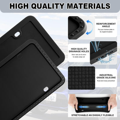 LivTee Silicone License Plate Frames Covers, 2 Pack Universal American Car Accessories License Plate Bracket Holder with Bolts Washer Caps, Rust-Proof, Rattle-Proof, Weather-Proof, Black
