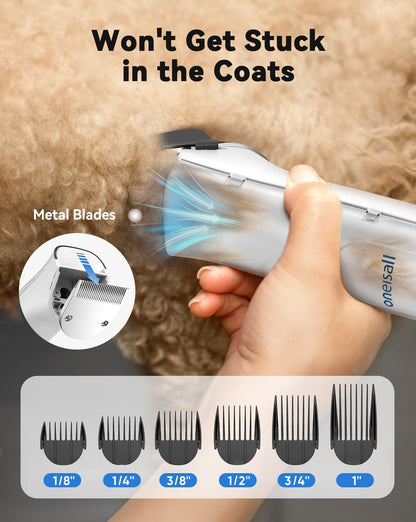 oneisall Dog Vacuum & Dryer for Shedding Grooming, 8 in 1 Dog Grooming Kit with Metal Blades Pet Clippers, Adjustable Speed and Temperature Control Blower