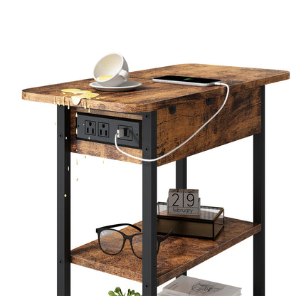 LIDYUK End Table with Charging Station, Flip Top Side Table with USB Ports and Outlets, Nightstand for Small Spaces, Bedside Tables with Storage Shelf for Living Room, Bedroom, Brown