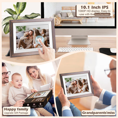 Frameo Digital Picture Frame WiFi 10.1inches Digital Photo Frame, Electronic Photo Frame Load from Phone, 1280x800 IPS Touch Screen HD Display, Auto-Rotate, Share Photos/Video-Great Gift(Brown Wood)