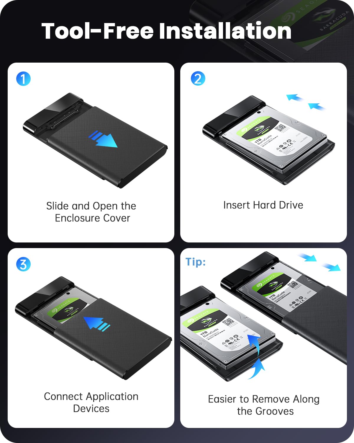 POSUGEAR 2.5'' External Hard Drive Enclosure, 6Gbps USB C 3.1 Gen 2 to SATA III Tool-Free External Hard Drive Case for 7mm/9.5mm 2.5 inch SSD HDD with UASP, Compatible with WD Toshiba Samsung PS4 Xbox