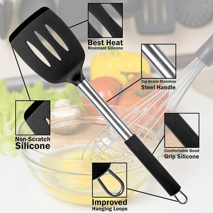MIBOTE Silicone Kitchen Utensils Set, Cooking Utensils Set with Heat Resistant BPA-Free Silicone and Stainless Steel Handle Kitchen Tools Set (Black)