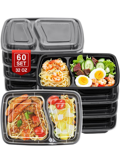 NEEBAKE 60 Sets 32oz Meal Prep Containers 2 Compartment - Plastic Food Storage Containers 2 Compartments with Lids