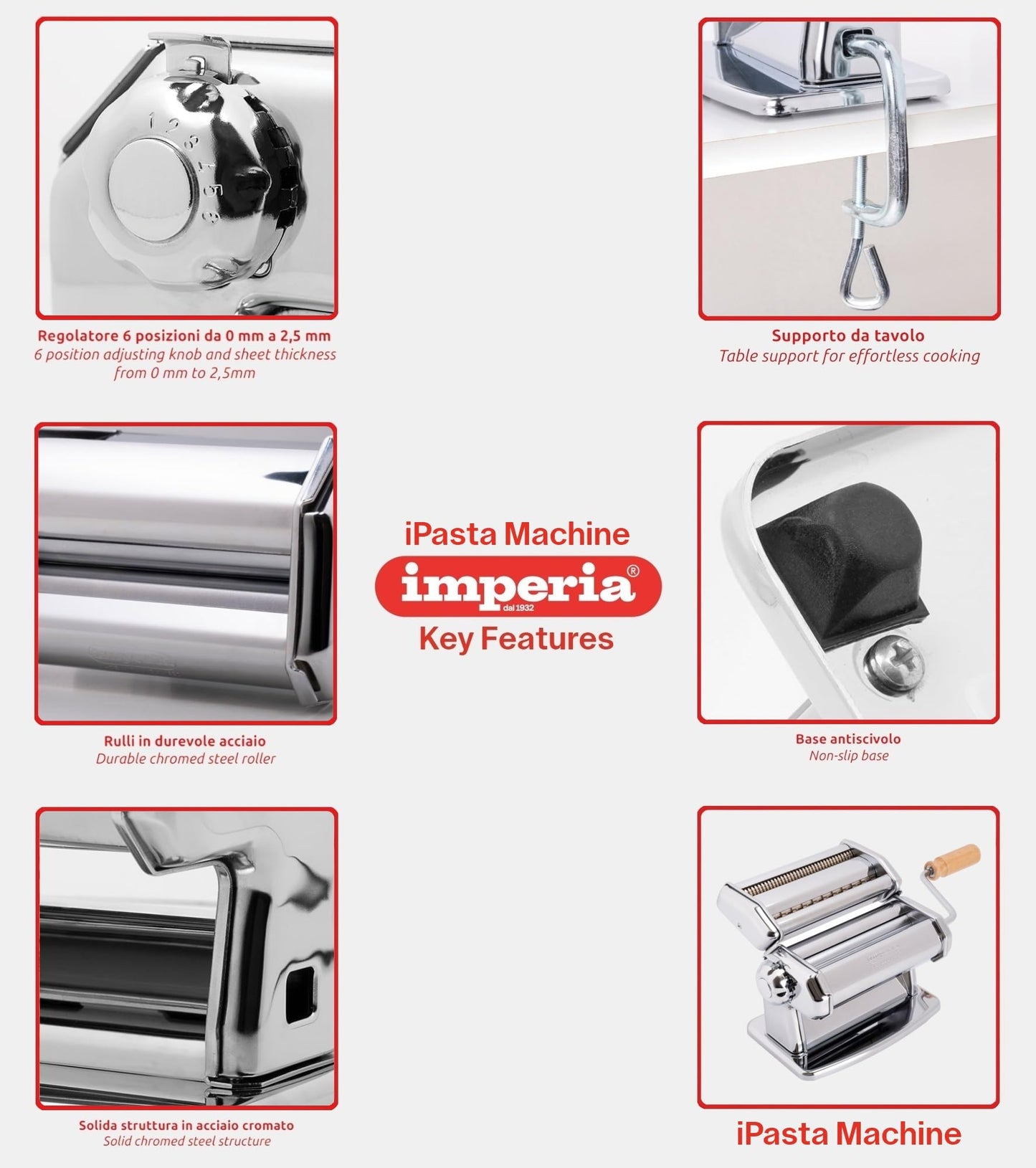 Imperia Pasta Maker Machine- 100% Made in Italy, Heavy Duty Steel Construction, Easy Lock Dial, Wood Grip Handle & Cleaning Brush- Fresh Homemade Italian Spaghetti Fettuccine or Lasagna (Classic Line)