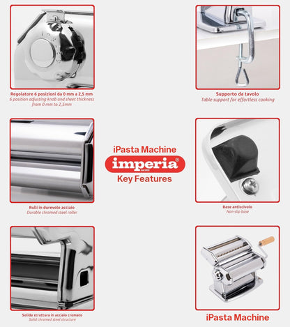 Imperia Pasta Maker Machine- 100% Made in Italy, Heavy Duty Steel Construction, Easy Lock Dial, Wood Grip Handle & Cleaning Brush- Fresh Homemade Italian Spaghetti Fettuccine or Lasagna (Classic Line)