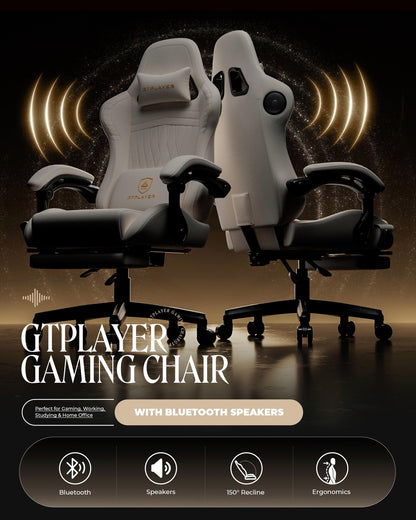 GTPLAYER Gaming Chair with Speakers, Video Game Chairs with Footrest, PC Gamer Chairs for Adults - Padded High Back Ergonomic Reclining Silla Gamer, Linkage Armrest, Ace Pro, Ivory