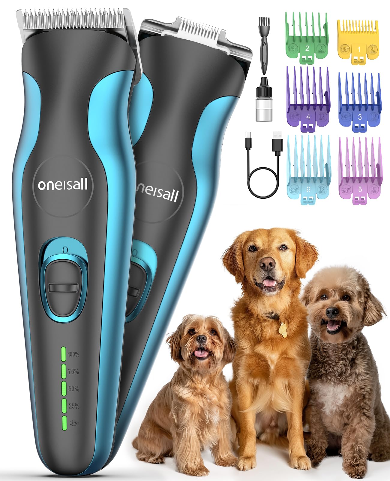 oneisall 2 in 1 Dog Clippers Grooming and Paw Trimmer, Cordless 50dB Quiet Rechargeable 2 Speed Dog Hair Clippers with Detachable Stainless Steel Blade for Small & Large Dogs Pets with Thick Coats