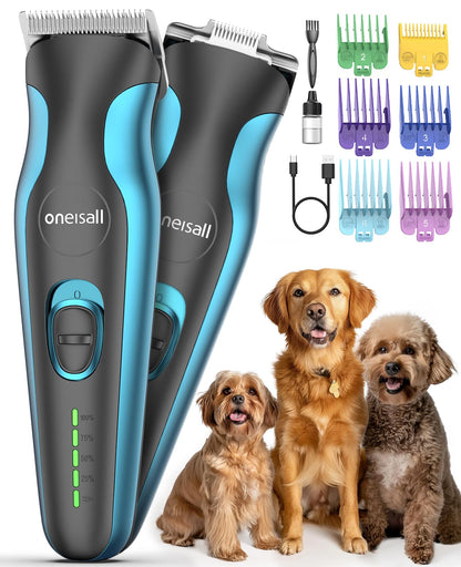 oneisall 2 in 1 Dog Clippers Grooming and Paw Trimmer, Cordless 50dB Quiet Rechargeable 2 Speed Dog Hair Clippers with Detachable Stainless Steel Blade for Small & Large Dogs Pets with Thick Coats