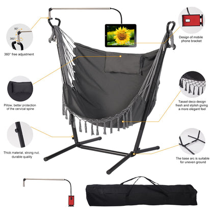 Hammock with Stand Phone Holder Included Double Hanging Chair Macrame Boho Handmade Adjustable Swing Indoor Outdoor Patio Yard Garden Porch 400lbs Capacity (2022 Grey)
