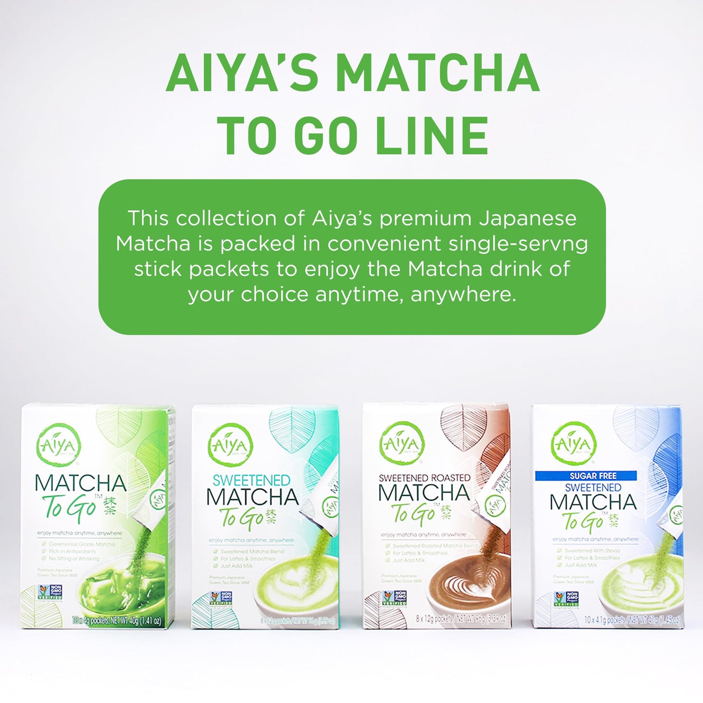 Aiya Matcha To Go Single Serve Packs - Ceremonial Grade Pure Matcha Green Tea Powder (10 Count)