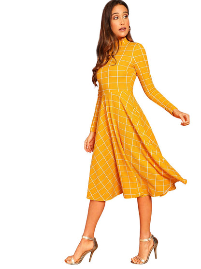 Floerns Women's Fit and Flare Plaid High Neck Long Sleeve Midi Dress Yellow Plaid L
