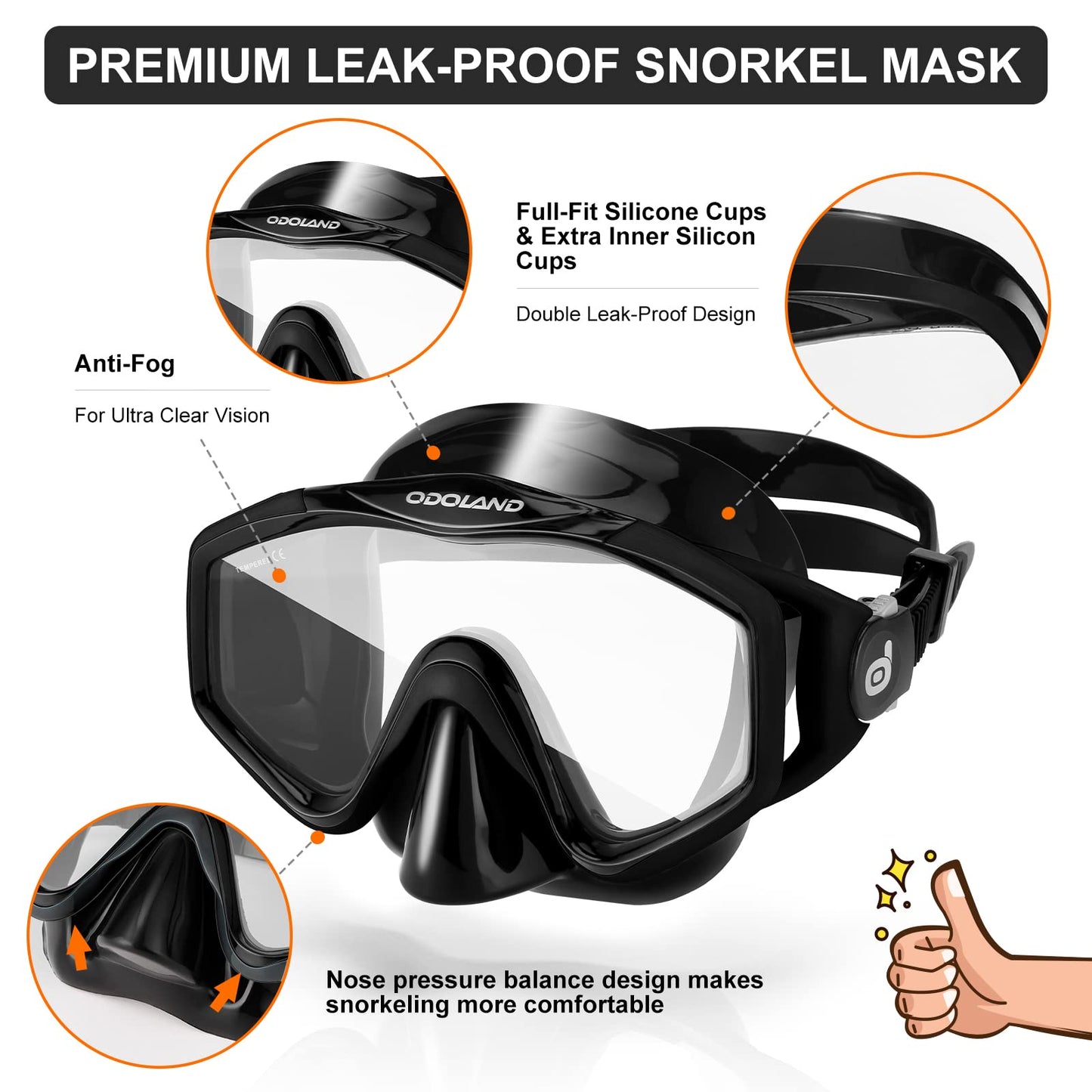 Odoland Snorkel Set, Snorkeling Packages with Dry Top Diving Mask, Adjustable Swim Fins, Mesh Bag, Anti-Fog Anti-Leak Snorkeling Gear for Men Women Adult, Black L/XL