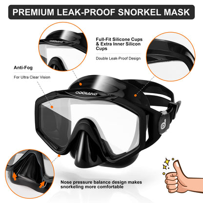 Odoland Snorkel Set, Snorkeling Packages with Dry Top Diving Mask, Adjustable Swim Fins, Mesh Bag, Anti-Fog Anti-Leak Snorkeling Gear for Men Women Adult, Black L/XL