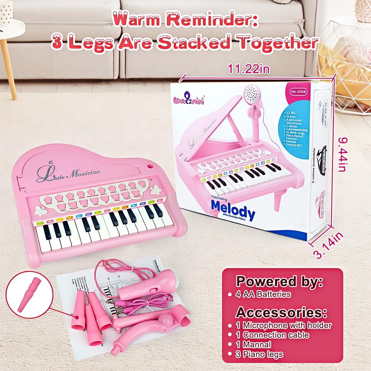 Love&Mini Pink Piano Toys for 1+Years Old Girls First Birthday Gifts Toddler Piano Music Toy Instruments with 24 Keys and Microphone