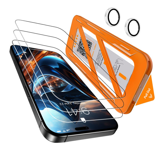 QHOHQ 3 Pack Screen Protector for iPhone 17 + One Set Camera Lens Protector, Top 9H+ Shatterproof Tempered Glass, [12FT Military Grade Protection], 1-Second Auto-Install, Case Friendly