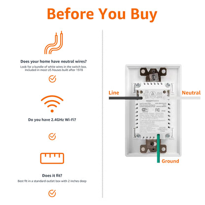 Amazon Basics Smart In-Wall Outlet, Works with Alexa Only, 2.4 GHz Wi-Fi, No Hub Required, White