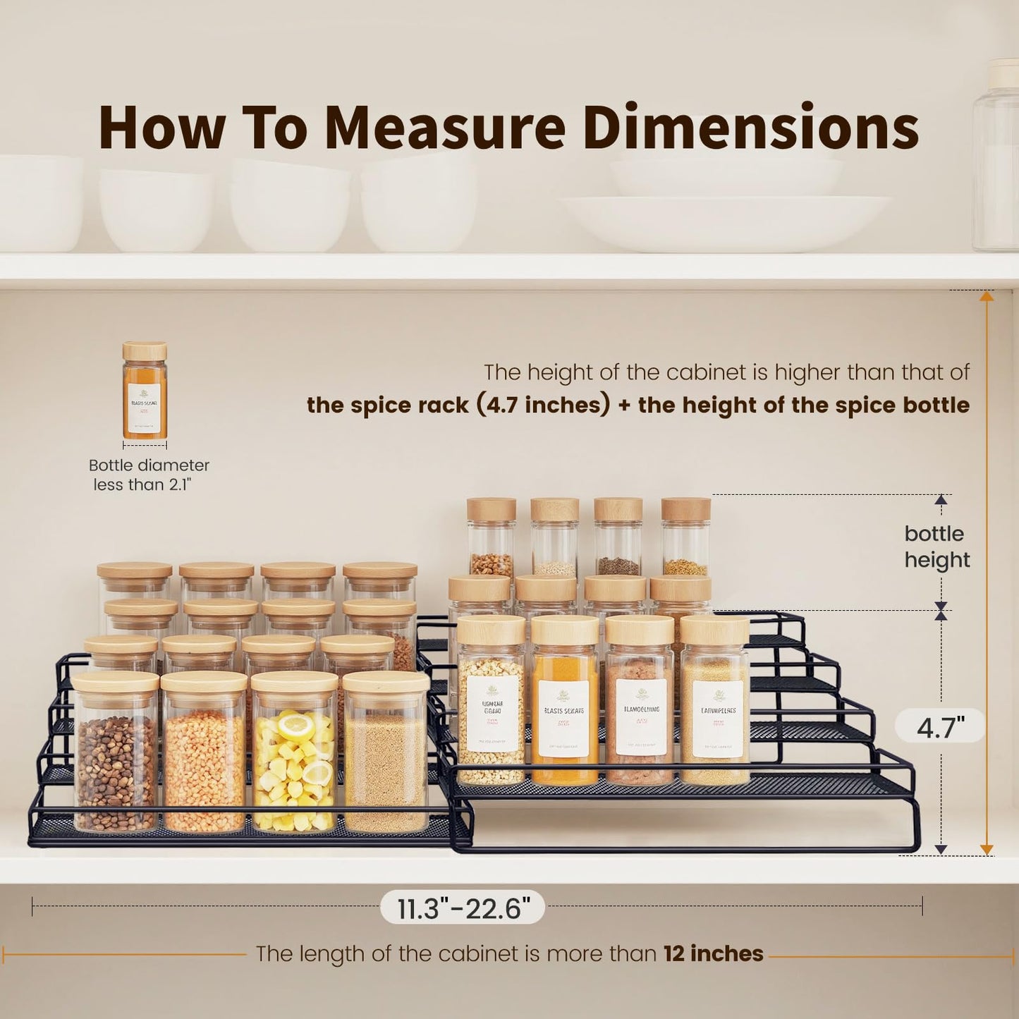 IFELS Spice Rack Organizer for Cabinet, 4 Tier Seasoning Organizer, Expandable Shelf,Step Storage Holder, Kitchen Cabinet Countertop,with Protection Railing, Metal (Black,4 Tier,2Pack)