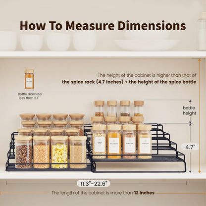 IFELS Spice Rack Organizer for Cabinet, 4 Tier Seasoning Organizer, Expandable Shelf,Step Storage Holder, Kitchen Cabinet Countertop,with Protection Railing, Metal (Black,4 Tier,2Pack)